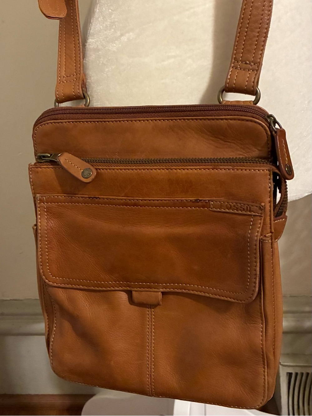 Fossil Vintage Cognac Leather Organizer Crossbody Bag Boho Saddle Brown Boho